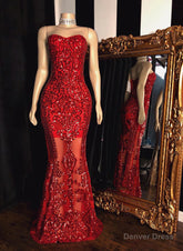 2025 Red Sheath Sweetheart Strapless Floor Length Tulle Lace Prom Dresses